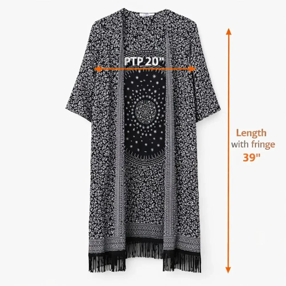 MNG Collection Black White Boho Kimono Cardigan‎ Fringe Hem XS